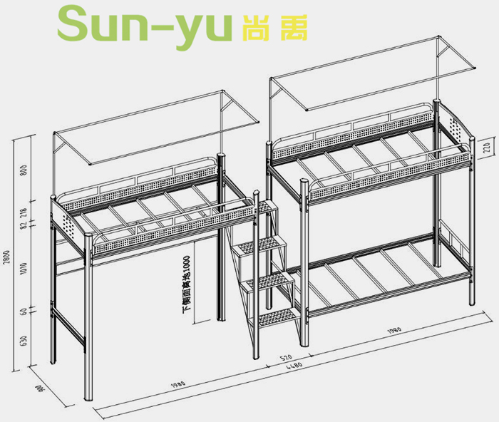二連3人位-中梯-高架公寓床-定制設計圖