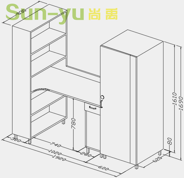 單人高架床-中梯-定制組合桌柜設計圖 