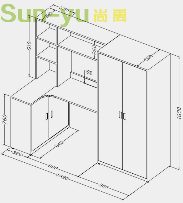 單人高架床-中梯-定制組合桌柜設計圖