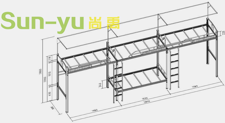 三連4人位-側梯-高架公寓床定制設計圖